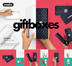 5种不同角度展示的礼品盒广告包装模板：Gift Box Mockup Set